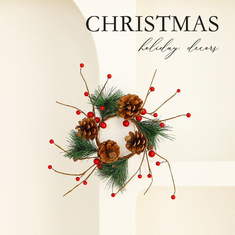 Best-selling Artificial Plant Christmas Wreath Pine Needle Red Berry Wreath Candle Holder Door Hanging Pine Cone Christmas Decoration