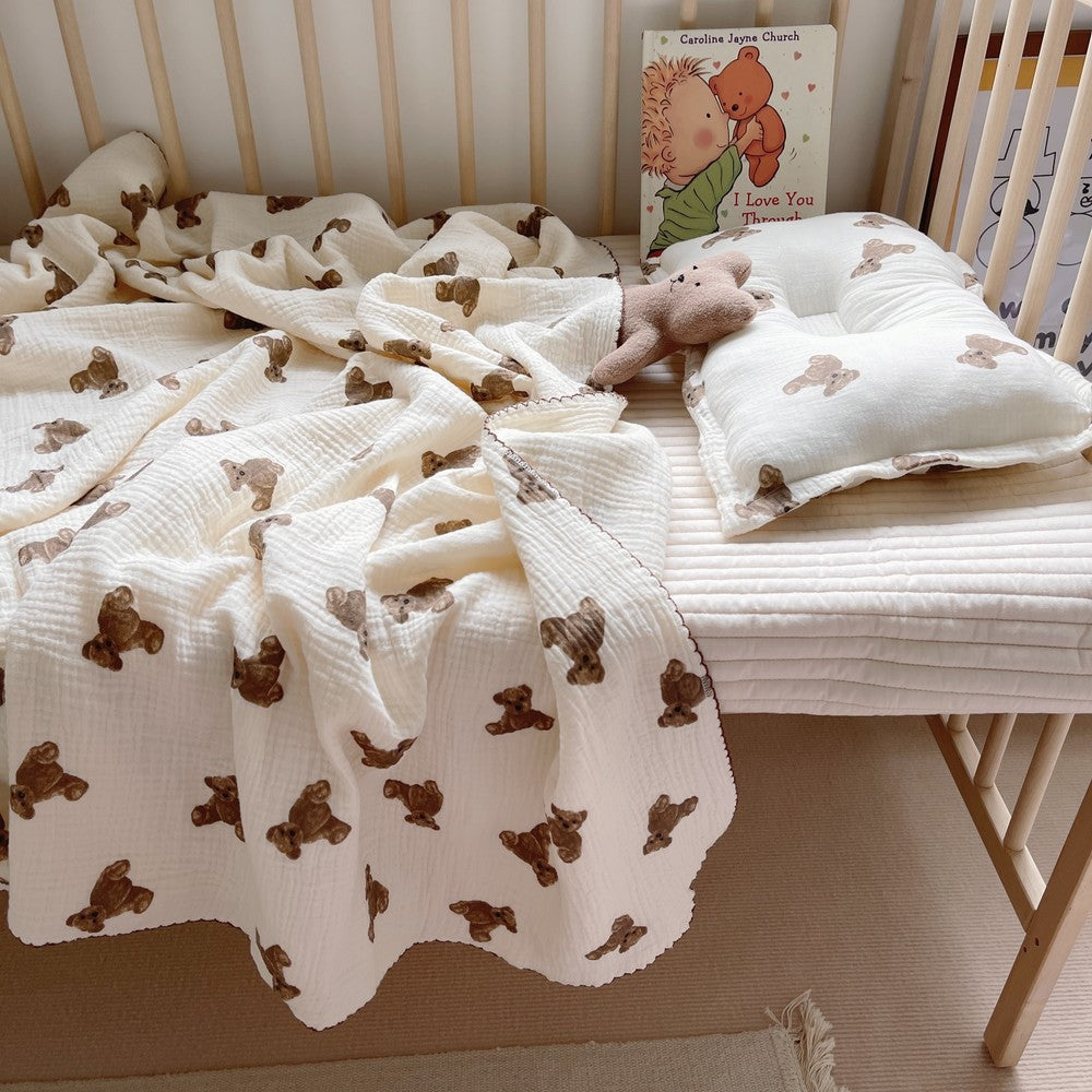 Pure Cotton Four-Layer Gauze Blanket Soft Waxy Bear Print Children's Baby Cover Towel Napkin Blanket