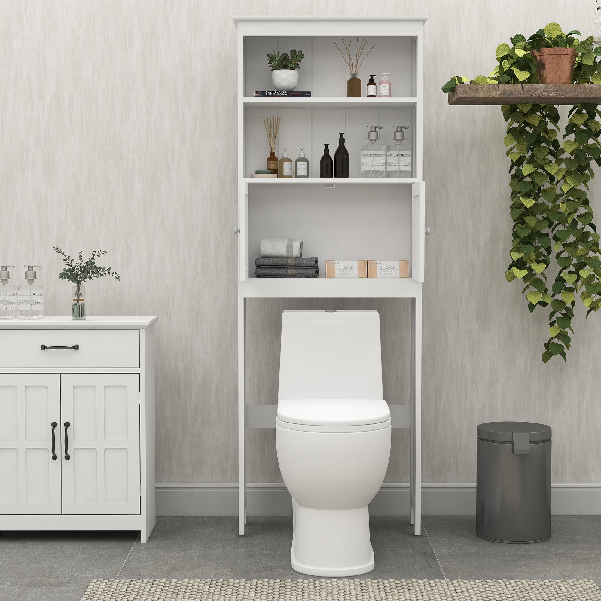 Over The Toilet Rack 2 -Tier Toilet Bathroom Spacesaver Storage Shelf with 2 Doors Wood Storage Organizer Cabinet