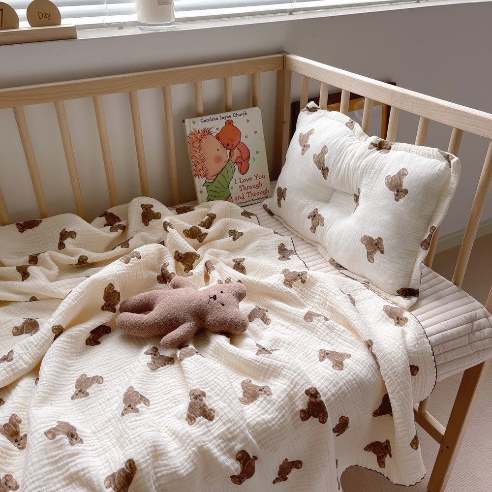 Pure Cotton Four-Layer Gauze Blanket Soft Waxy Bear Print Children's Baby Cover Towel Napkin Blanket