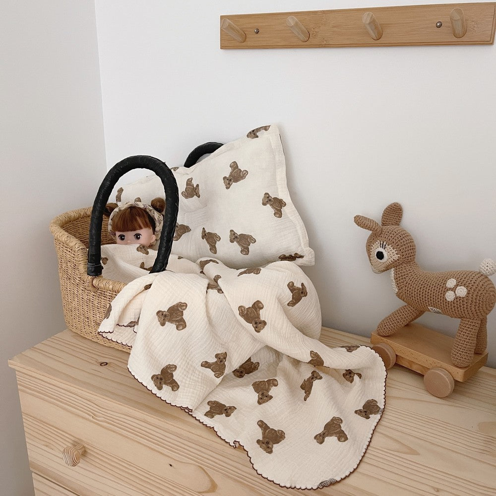Pure Cotton Four-Layer Gauze Blanket Soft Waxy Bear Print Children's Baby Cover Towel Napkin Blanket